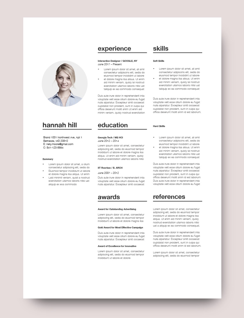 Three-column resume template 120350 offers a structured design. Fully customozible in MS Word, Pages.