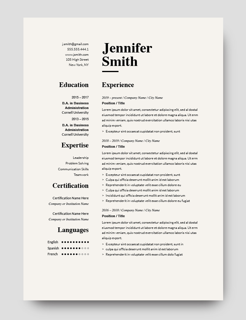 Classic two-column resume template 120750. Fully customozible in MS Word, Pages.